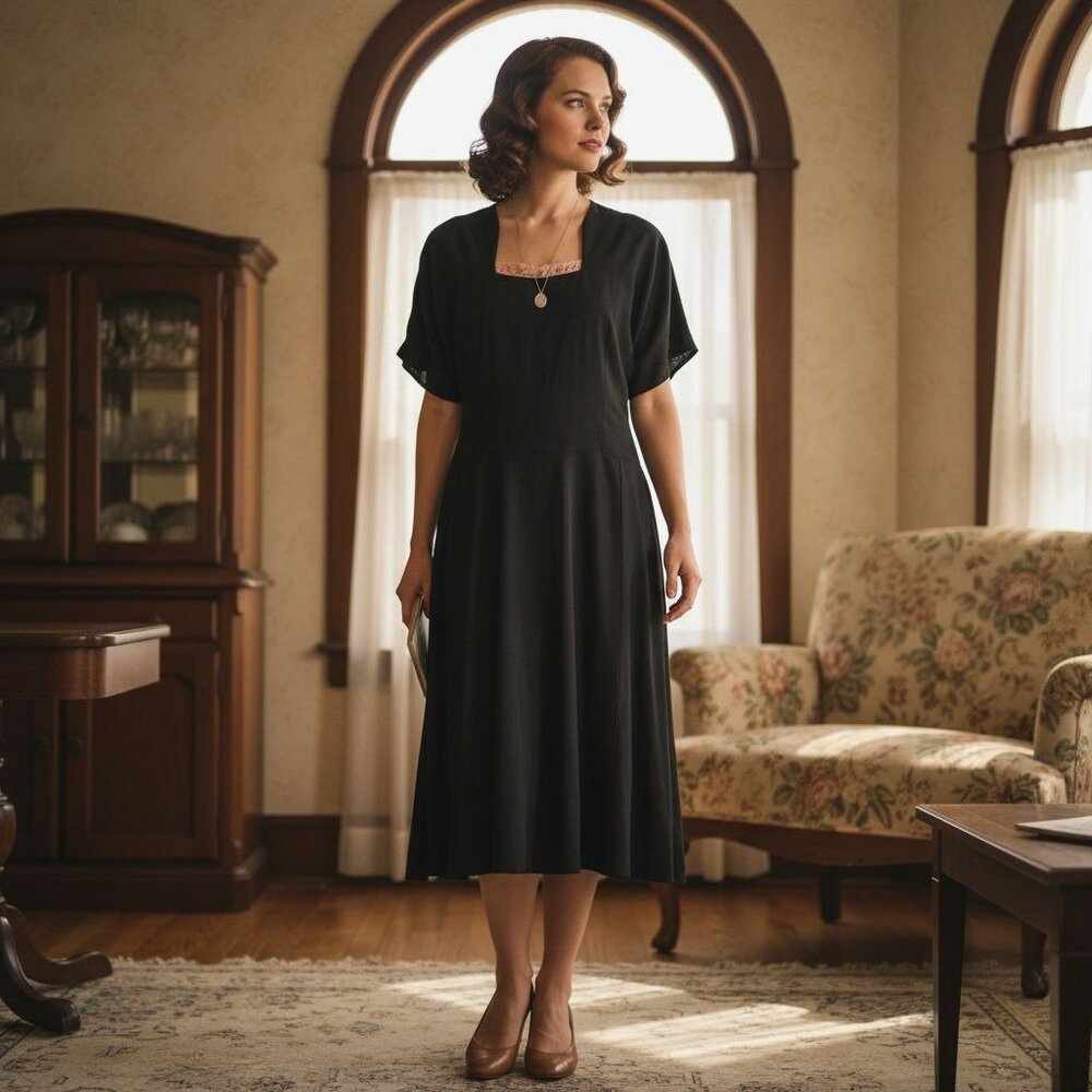 Vintage 1930s–40s Black Handmade Dress | Rayon | Midi Length - Picture 7 of 15